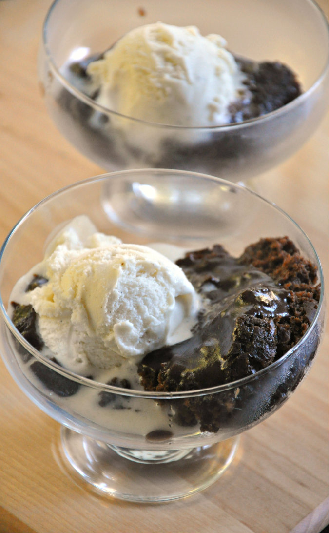 Slow Cooker Gooey Chocolate Spoon Cake with Hot Fudge Sauce