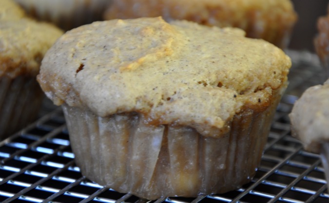 Upside-down caramel-pear muffins