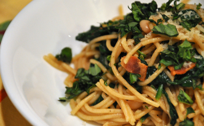 Spaghetti with white beans, spinach, and bacon