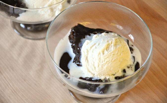 Slow Cooker Gooey Chocolate Spoon Cake with Hot Fudge Sauce